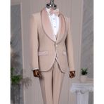 Italyan Stil Slim Fit Kadife Şal Yaka Ceket Yelek Pantolon Damatlık Set Bej T14891 - 50