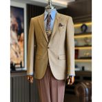 Italyan Stil Slim Fit Kazayağı Desen Erkek Ceket Kahverengi T12626 - 48