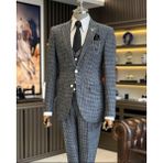 İtalyan stil slim fit kazayağı desenli ceket yelek pantolon takım elbise siyah T12791 - 50