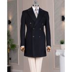 Italyan Stil Slim Fit Kruvaze Yün Karışımlı Kaşe Erkek Kaban Lacivert T14708 - 58