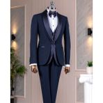 Italyan Stil Slim Fit Şal Yaka Ceket Yelek Pantolon Damatlık Set Lacivert T14884 - Siyah - 58