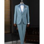 İtalyan stil slim fit şal yaka ceket yelek pantolon damatlık set mavi T14335 - 48