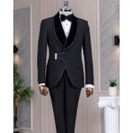 Italyan Stil Slim Fit Şal Yaka Ceket Yelek Pantolon Damatlık Set Siyah T14892 - 58