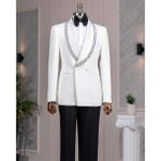 Italyan Stil Slim Fit Şal Yaka Taşlı Ceket Pantolon Damatlık Set Beyaz T14550 - 54
