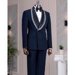 Italyan Stil Slim Fit Şal Yaka Taşlı Ceket Pantolon Damatlık Set Lacivert T14549 - 58