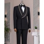 Italyan Stil Slim Fit Şal Yaka Taşlı Ceket Pantolon Damatlık Set Siyah T14548
