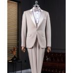 İtalyan stil slim fit sivri yaka ceket yelek pantolon damatlık set bej T14332 - 50