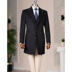 Italyan Stil Slim Fit Sivri Yaka Yün Karışımlı Kaşe Erkek Kaban Lacivert T14722 - 50