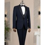 İtalyan stil slim fit taşlı ceket yelek pantolon damatlık set lacivert T14533 - 54