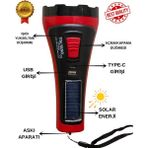 İtalyano Solar Şarjlı LED El Feneri | Type-C & USB Çıkışlı | Güç Ayarlı | Powerbank Özellikli - Kırmızı - Siyah
