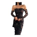 İTHAL DİJİTAL BASKILI FULL LİKRALI ASTARLI CAM TÜL KUMAŞ DRAPE DETAY STRAPLEZ MİDİ BOY ELBİSE Siyah L