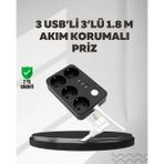 İthalat® 4.1A Hızlı Şarjlı Akım Korumalı 4 Priz 3 Usb Çıkışlı Priz