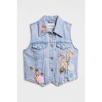It's Basic Kadın Denim Yelek, Crop Fit, Gül Ve Nakış Detaylı, Kot Rengi, S Beden, Kot Renk