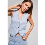 its basic Kadın Kot Rengi 3s5-3 Çiçek Nakışlı Önü Düğmeli Sıfır Kol Tasarım Denim Yelek