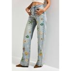 it's basic Kadın Kot Rengi Straight Fit Elastan Kumaş Özel Desen Nakışlı Tasarım Denim Jean, 40 Beden