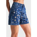 its basic Kadın Mavi Renk 1s5-5 Kuş Gözü Detaylı Midi Boy %100 Koton Mom Fit Tasarım Denim Şort