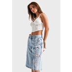 its basic Kadın Snow Kot Rengi 3s5-3 Dantel Nakışlı Maxi Boy Uzun Tasarım Denim Bermuda Şort