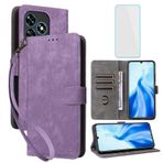 IUQXU Oukitel C51 için Cüzdan Telefon Kılıfı Ekran Koruyucu [RFID Engelleme] Deri Flip Kart Tutucu Kickstand Bileklik Kadın Erkek Cep Telefonu Kılıfı Oukitel C 51 OukitelC51 Mor