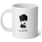 Ivart Atatürk Siyah Beyaz ve Imza Baskılı Premium Beyaz Porselen Kupa Bardak - 1 Adet - 300 ml