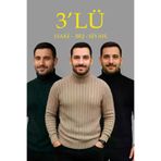 IVORA WEAR Erkek Fitilli Kazak Tam Boğazlı Balıkçı Yaka Triko 3'lü Set Bej-Haki-Siyah