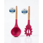 Ivory Ahşap Saplı Silikon Mini Kepçe ve Makarna Kepçesi Seti (24 Cm) - Nar Çiçeği