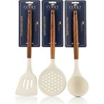 Ivory Akasya Ahşap Saplı Silikon Mutfak Servis Seti 3'lü - Kepçe Kevgir Spatula Seti 30 cm - Kahverengi - Krem