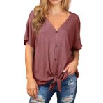 IWOLLENCE Kadın Waffle Örgü Tunik Bluz Kravat Düğüm Kısa Kollu Henley Üstleri Bol Kesim Yarasa Kanadı Gömlekleri, 03 Pas Kırmızısı, XX-Large