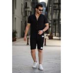 Ixir Ince Çizgili Erkek Gömlek ve Şort Takım Siyah - 2XL