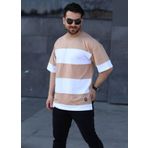 İxir Oversize Erkek Tişört Yatay Çizgili Taba Beyaz