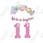 İyiki Doğdun Yazılı Kaligrafi Banner Makaron Balon Seti 11 Yaş Pembe Set Doğum Günü