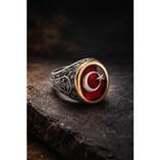İyyakee Erkek Gümüş Yüzük Ay Yıldız Türk Bayrağı İşlemeli Oval Motifli 925 Ayar Gümüş Yüzük