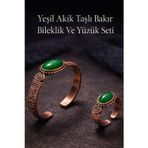 İyyakee Kadın Bakır Bileklik Ve Yüzük Takım Seti Yeşil Akik Taşlı Set El İşçiliği Özel Tasarım