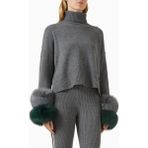 Izaak Azanei Cropped Polo Sweater, Şık ve Lüks Kadın Yün-Kaşmir Kazak, Kürk Detaylı - Gri - XS