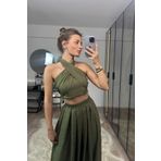 Jaglion Yeni Sezon Kadın Haki Boyundan Bağlamalı Crop Bluz