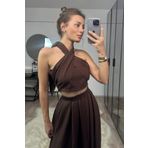 Jaglion Yeni Sezon Kadın Kahverengi Boyundan Bağlamalı Crop Bluz
