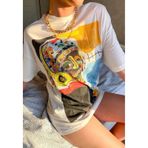 JAHR MARC Kadın Renkli Baskılı Oversize Beyaz Kadın Elbise T-shirt