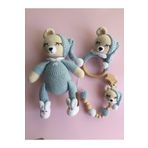 Jaju Baby Amigurumi Bebe Mavisi Uykucu Ayıcık 22 Cm Çıngırak Ve Emzik Zinciri Üçlü Set