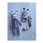 Jaju Baby Amigurumi Mor Sevimli Anten Kulaklar 29 cm Çıngırak ve Emzik Zinciri Üçlü Set
