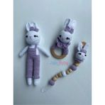 Jaju Baby Amigurumi Mor Tavşan 29 cm Çıngırak ve Emzik Zinciri Üçlü Set