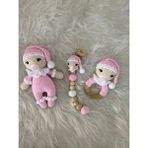 Jaju Baby Amigurumi Pembe Emzikli Bebek 22 cm Çıngırak ve Emzik Zinciri Üçlü Set