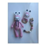 Jaju Baby Amigurumi Pembe Sevimli Anten Kulaklar 29 Cm Çıngırak Ve Emzik Zinciri Üçlü Set