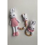 Jaju Baby Amigurumi Pembe Tavşan 29 cm Çıngırak ve Emzik Zinciri Üçlü Set