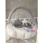 Jaju Baby Gri Yıldız Desenli Tasarım Lüx Oyun Minderi Babynest Cibinlik Tül Oyuncak Aparat Set