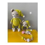 Jaju Baby Limon Sarısı Uykucu Ayıcık Amigurumi 22 Cm Çıngırak Ve Emzik Zinciri Üçlü Set