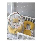 Jaju Baby Sarı Örgü Pike Kumaş ve Orman Müslin Kumaş Ponponlu 6 Parça Babynest Set