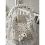 Jaju Baby Wafle Pike Kumaş Müslin Kumaş Ponponlu Babynest Oyuncak Aparat ve Tül Set - 100 x 60 cm - Kahverengi