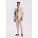 Jakamen Bej Slim Fit Mono Yaka Tensel Kumaş Çift Yırtmaç Torba Cepli Takım Elbise - 58