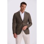 Jakamen Kahve Slim Fit Kırlangıç Yaka Çizgili Keten Pamuk Mevsimlik Ceket - 58