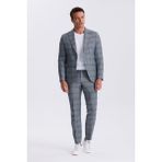 Jakamen Lacivert Slim Fit Mono Yaka Kareli Torba Cepli %100 Keten Takım Elbise - 6 Drop - 56