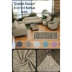 Jakarlı Çubuk Desen 3-2-1-1 Lastikli Esnek Yıkanabilir Koltuk Örtüsü Koltuk Kılıfı Takımı - 180 x 230 cm - Vizon